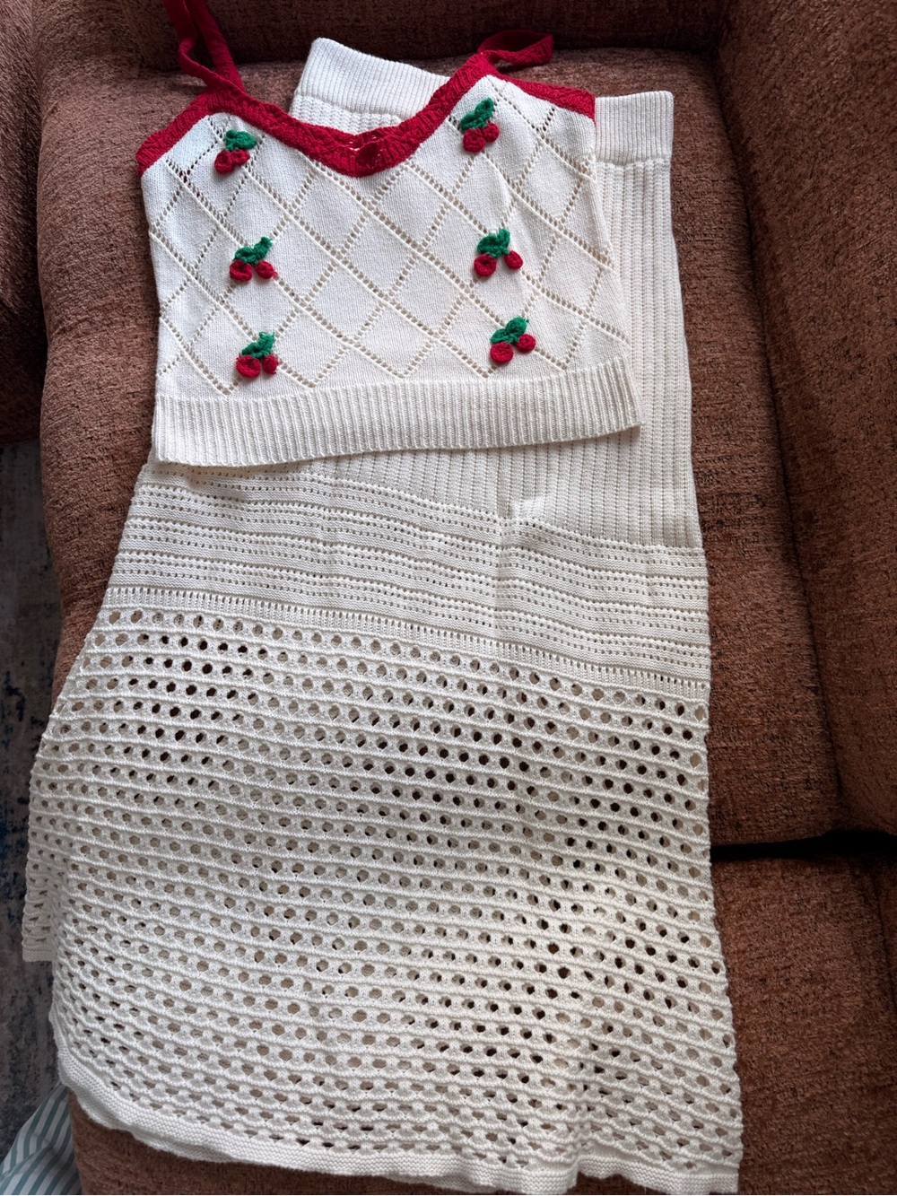 Sugarlips Cream Knit Cherry Appliqué Skirt Set with Red Trim